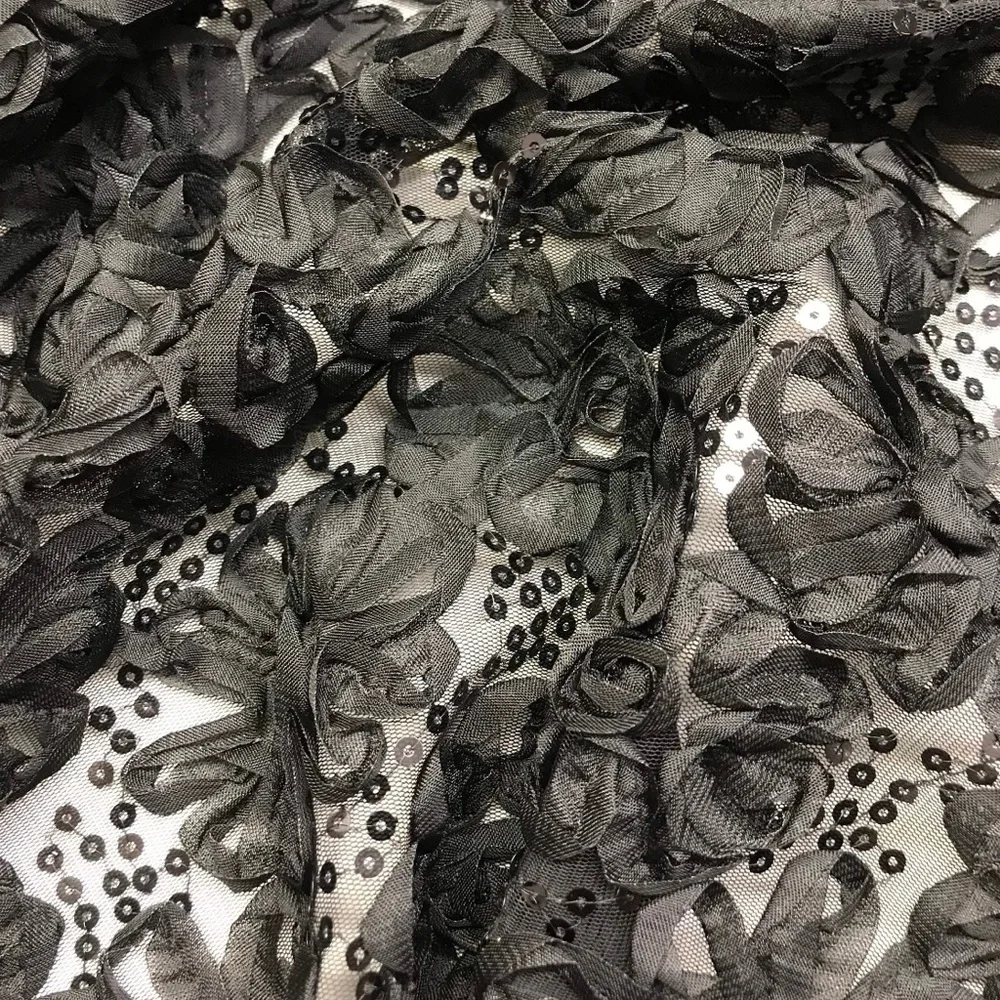 1 YD Black Floral Ribbon 2 Way Stretch Lace with Black Sequins Black Mesh Fabric - Picture 5 of 7
